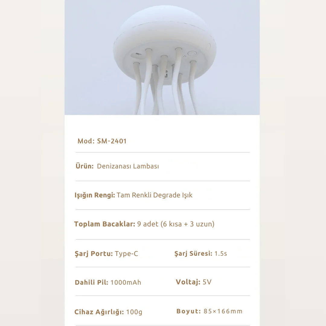 Denizanası Lambası – Ses Kontrollü, Tip-C Şarjlı, Renk Değiştiren LED Lamba
